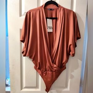 Zara Burnt Orange Cape Sleeve Bodysuit Blouse Size M NWT